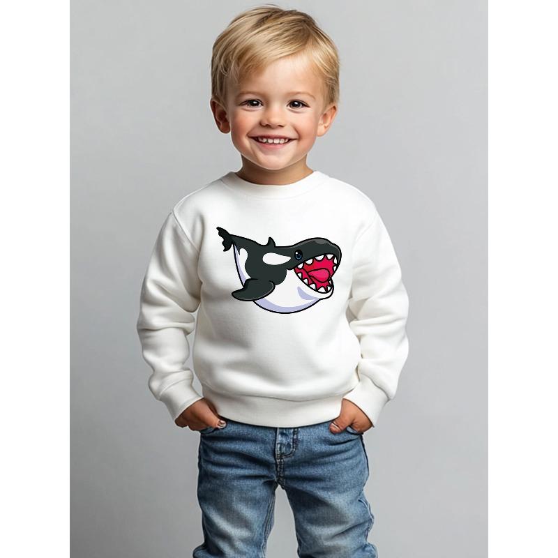 Kids Cartoon Shark Print Crew Neck Sweatshirt, Regular Fit Casual Sportswear, Spring/Fall Alphabet Applique Detail