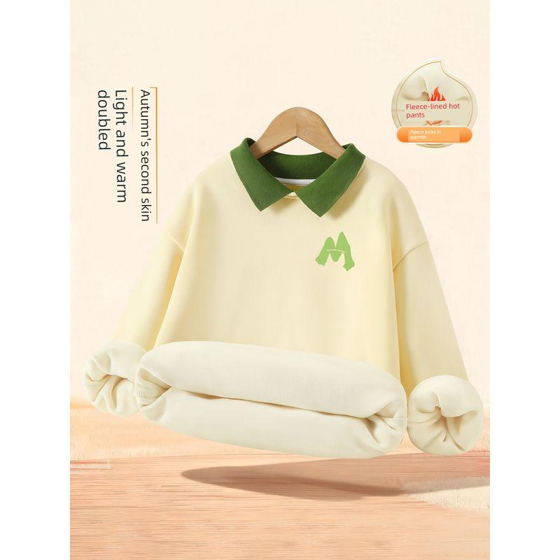 Girls' Sweatshirt Autumn and Winter Style A-Class Children's Autumn Clothing Fleece-Lined Thickened Warm Long-Sleeve T-Shirt Girls' Collared Top