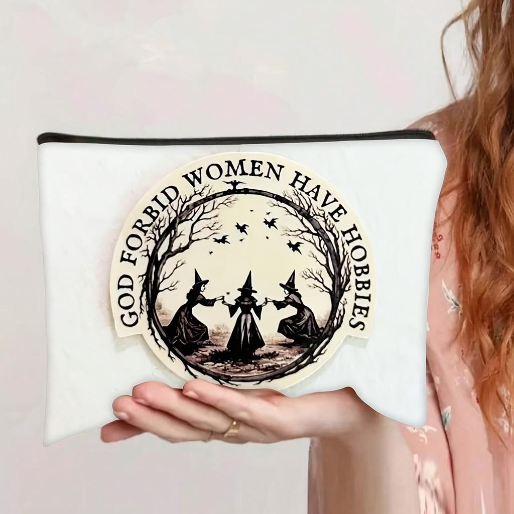 Mystical Witch and Moonlight Makeup Bag Enchanting Witches Illustration Black Polyester Cosmetic Pouch Halloween Holiday Gifts