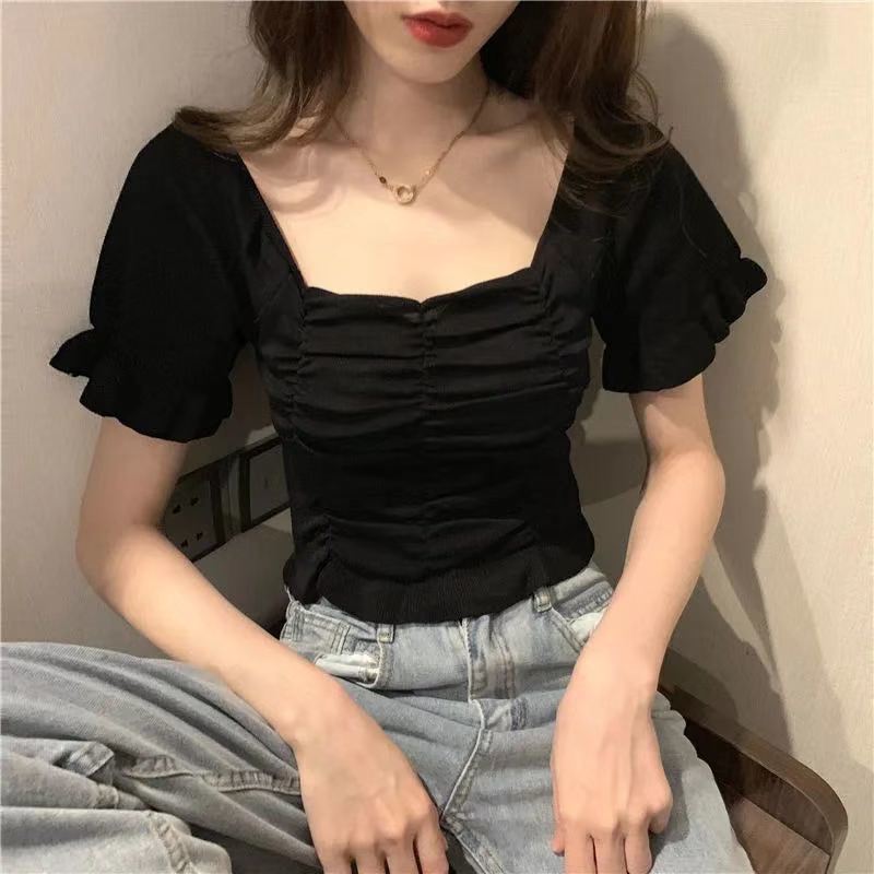 Summer New Fashion Simple Square Neck Design Feeling Short Sleeve Knitted T-shirt Women Solid Ruffles Backless Loose Short Tops