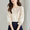 Apricot Embroidered Shirt for Women Long-sleeved Autumn Clothes New Lace Hollow Top Pure Cotton Embroidered Shirt