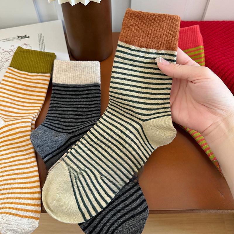 5 Pairs of Women's Spring and Autumn Color Striped Cotton Socks