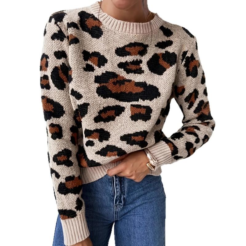 Winter Womens Leopard Jacquard Knit Crewneck Pullover Sweater