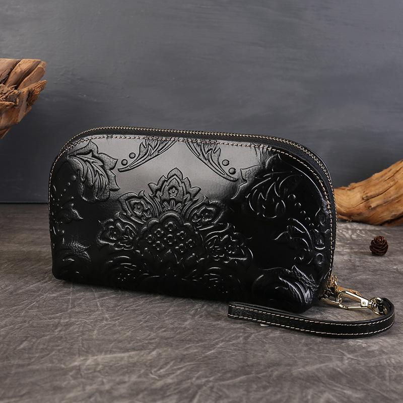 Embroidered Phone Case with Embossed Pattern Handbag for Ladies, Genuine Leather Zero Wallet Bag