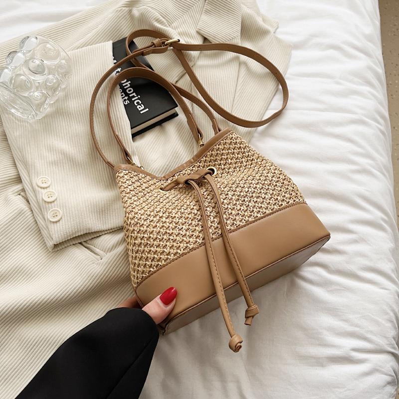 

Сумки через плечо из соломы, дизайнерские сумки через плечо для женщин, летние пляжные сумки-ведра с завязками, большая вместимость, дизайнерская сумка 20x18x12cm хаки