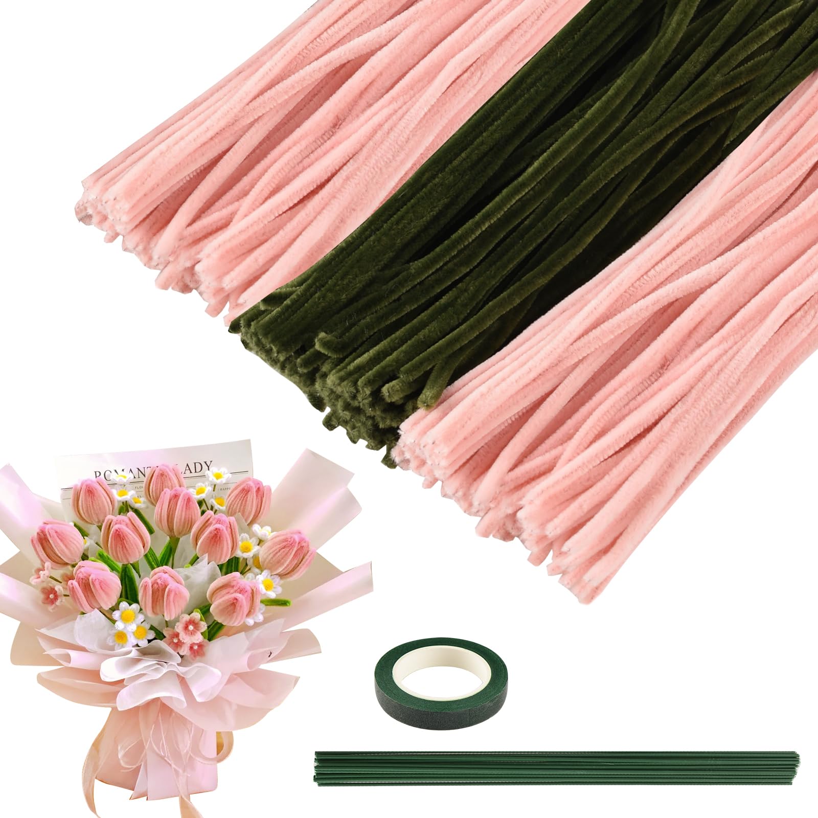 

CHWNIBAY Craft Mall Tulip Flower Kit Pink and Green 300 Stems 6mm Artificial Flower Stems 20 Pieces with Flower Tape DIY Interior Decoration Gift
