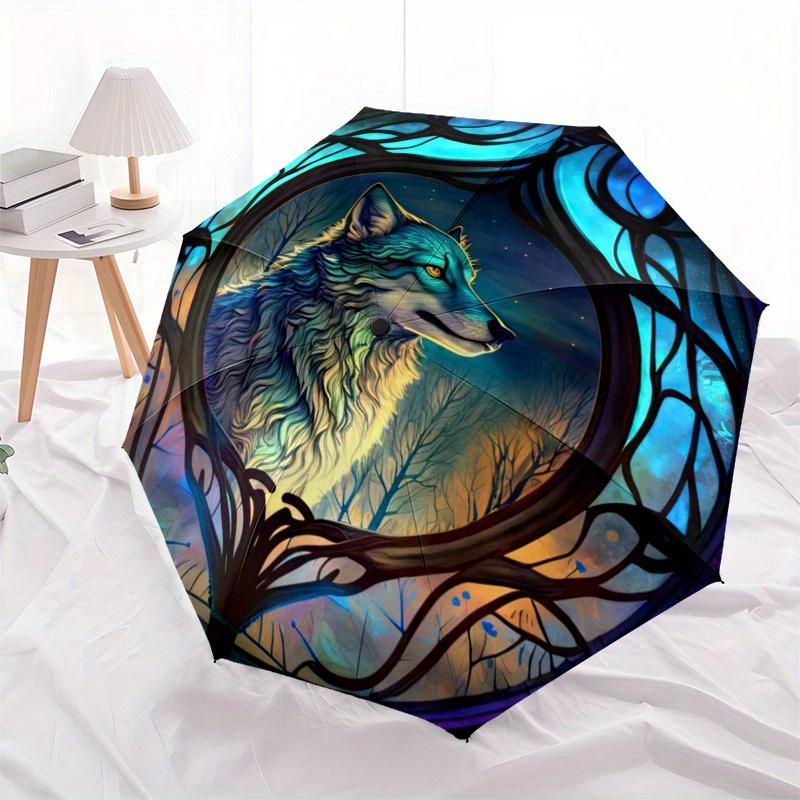 Wolf Window Art: Magical Night Wildlife Decor" Umbrella, Portable 3 Fold Compact Umbrella for Men & Women,S119