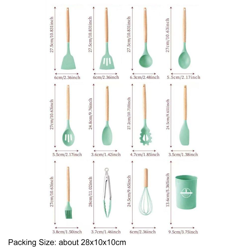 12PCS Food Grade Silicone Cookware Set Heat Resistant Ergonomic Kitchen Utensils Wooden Handle BPA-Free Baking Tools Set