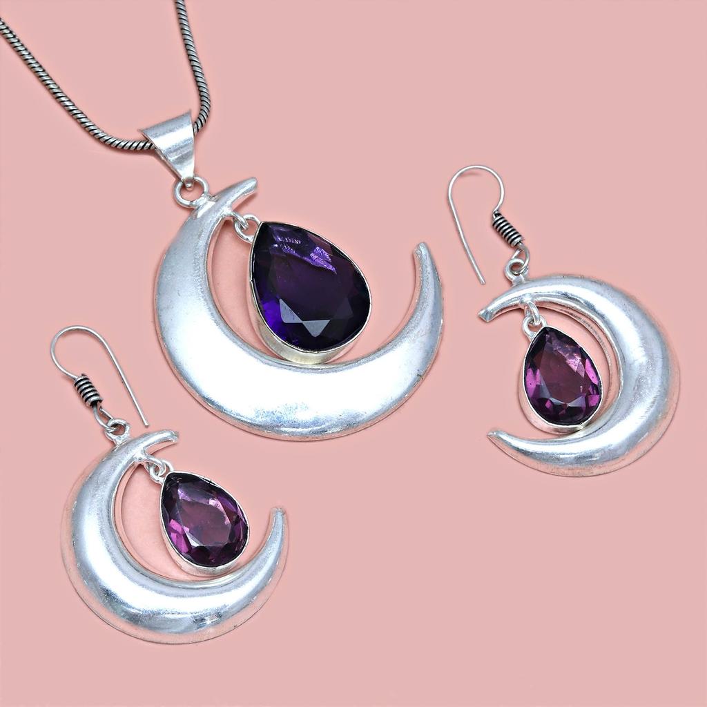 Set Amethyst Anhänger Ohrringe Mädchen Ohrring Halskette Sterling