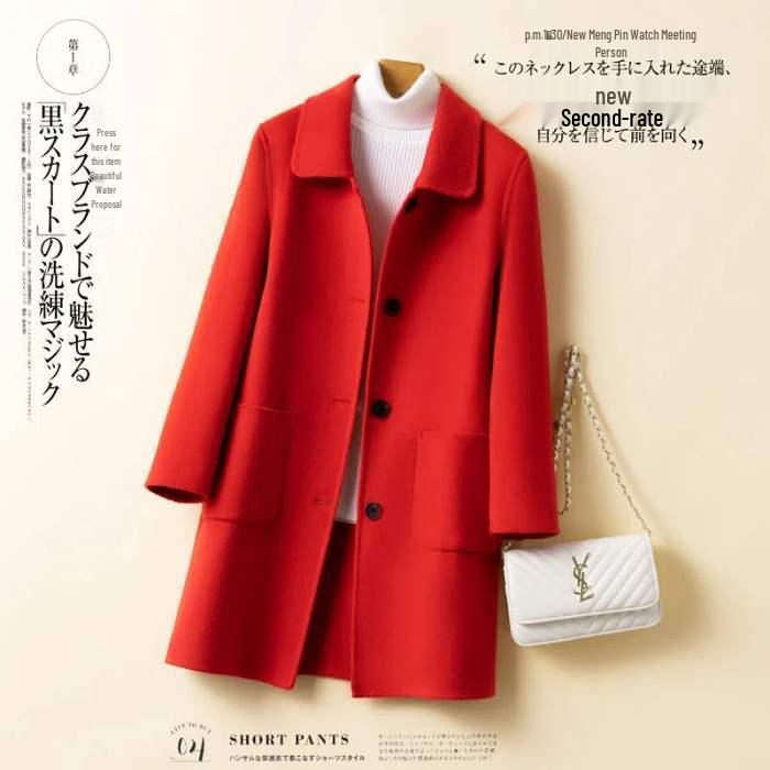 Damski wełniany płaszcz w kolorze wielbłądzim - Jesień/Zima 2025, Koreański styl Hepburna, Luźny krój, Jednorzędowy na wiosnę/jesień