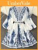 Abito Bohemien Floreale in Poliestere con Scollo a V e Maniche Lunghe da Donna