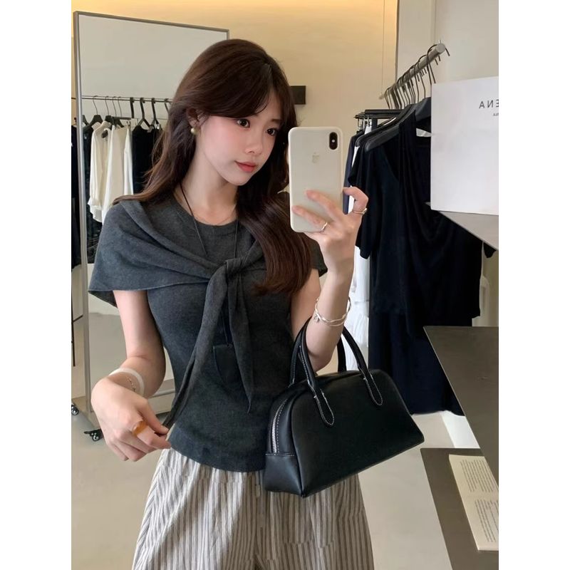 Kumikumi High-Grade Simple Temperament Round Neck Short Sleeve Knit Women Clothes Summer Slim Fit Slimming Versatile Top