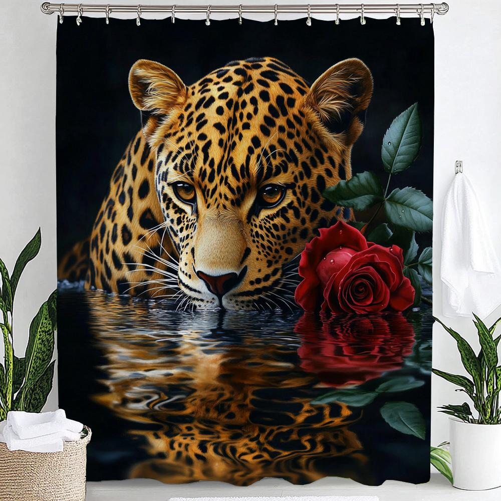 1Pc Red Rose, Flowers And Leopard Print Waterproof Shower Partition Privacy Hanging Curtain With Hooks Machine Washable