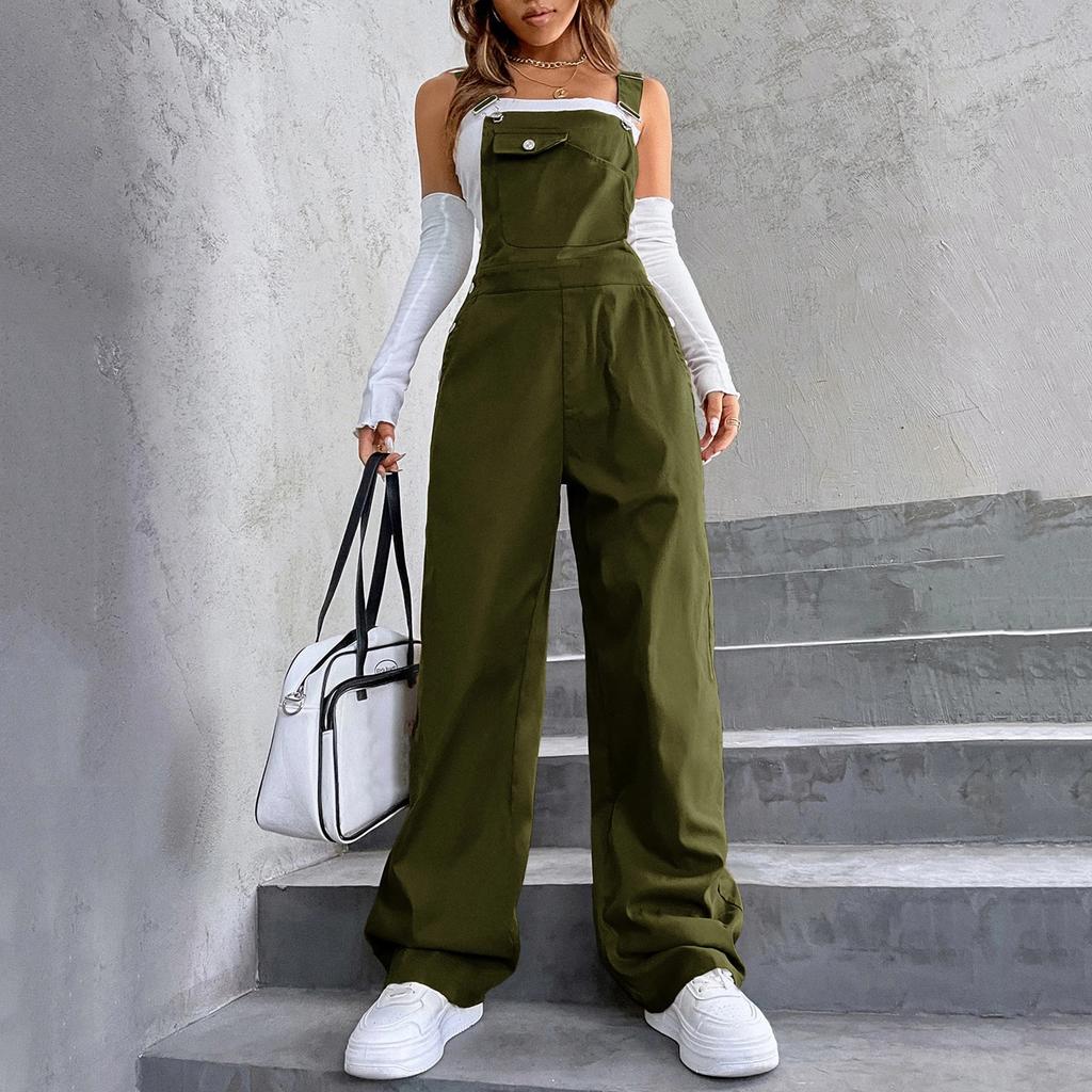 Damen Mode Vintage Tasche Gerade Bein Arbeitskleidung Overalls Lässige Hose Farbe Jumpsuit