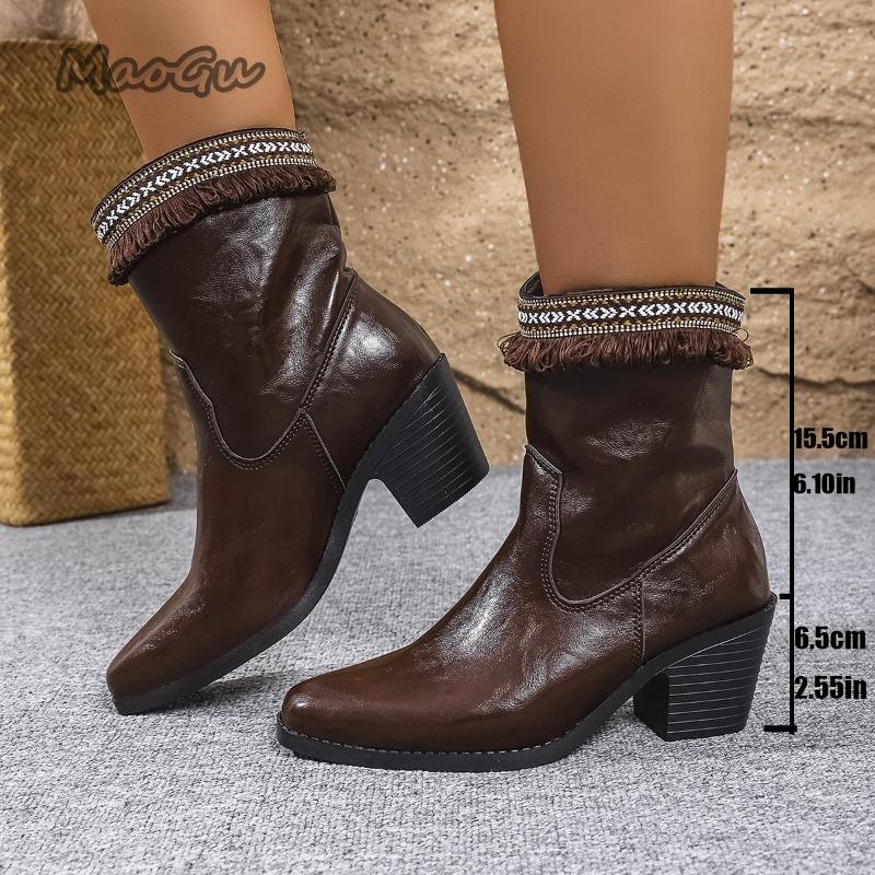 Fashion 2025 Autumn New Large Size36-43 British Style Fringe Decor Fashion Boots Chunky High Heel Short Boots for Women Botas Para Mujer