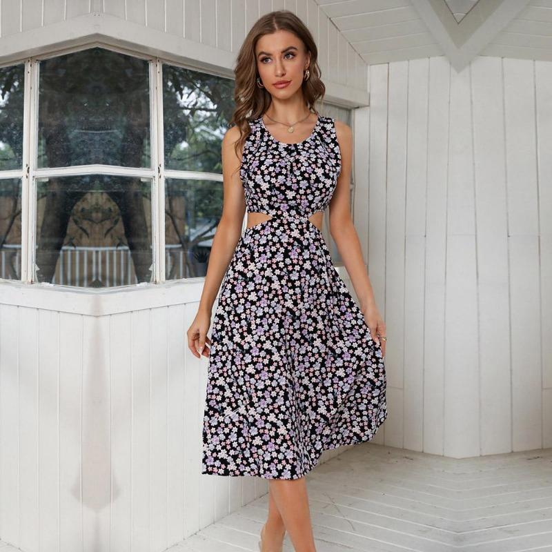 Frauen Sommer Sexy Neckholder Taillenlos Ärmellos Hohe Taille A-Linie Chiffon Blumenkleid S-XL