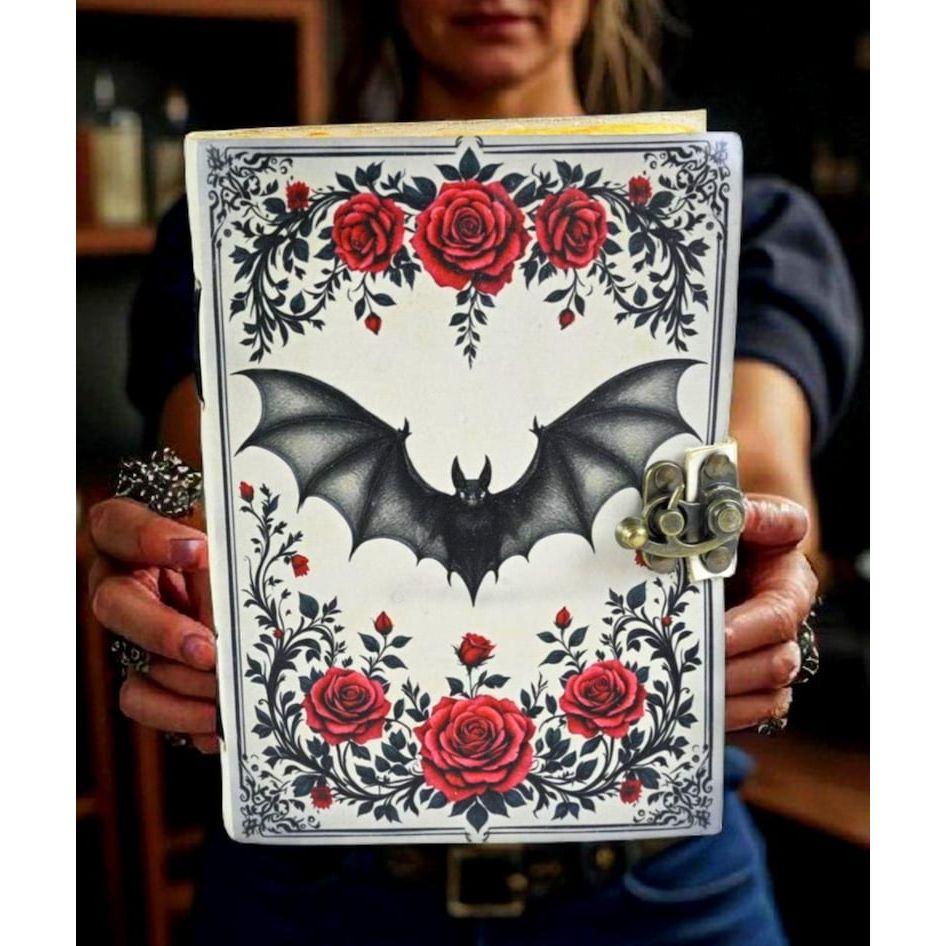 Vampire Bat Grimoire Journal – Gothic Roses Witchy Spell Book | Handmade Leather Book of Shadows