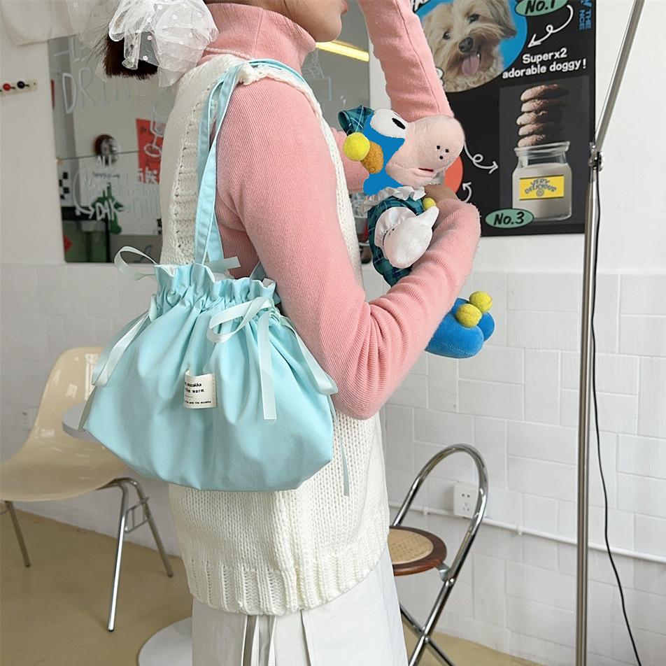 Pure Color Shoulder Bag Drawstring Pouch Women'S Cosmetics Earphones Key Sundries Organizer Simple Tote Bag Storage Bag