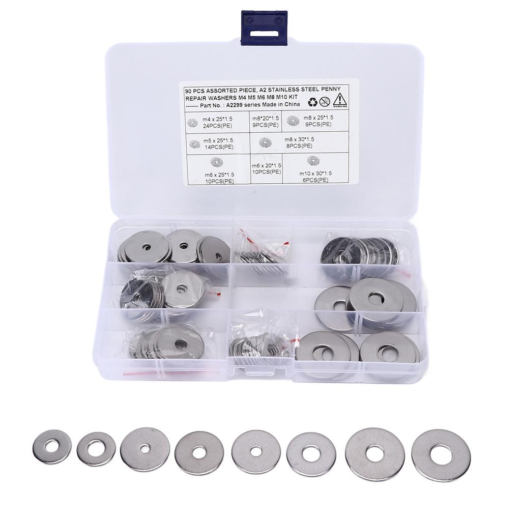 90PCS Penny Repair Washers Flat 8 Sizes Assorted 304 Stainless Steel Universal for Cars Trucks