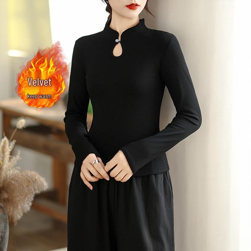 Women's Chinese Style Plush Long-Sleeve Slimming T-Shirt, Thickened Base Layer