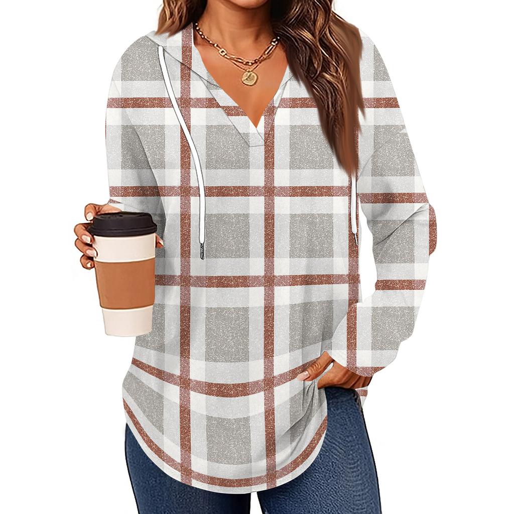 Damenmode Kapuzenpullover V-Ausschnitt Langarm Geblümter Kordelzug Lässig Locker Pullover Tops