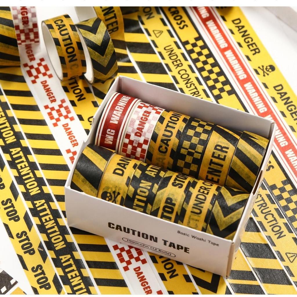 12 Rolls Caution Washi Tapes Set Decorative Paper Masking Tape Removable No Residue Stop / Attention / Keep Out Adhesive