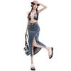 2024 Spring/Summer Women's High-Waist A-Line Denim Midi Skirt with Front Slit and Retro Raw Edge