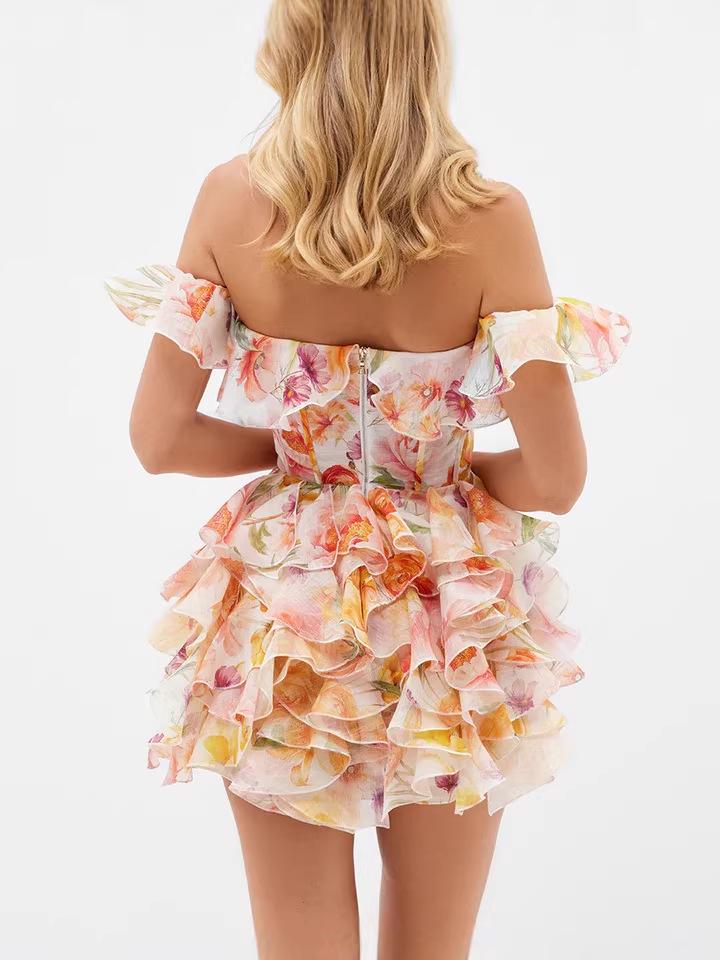 2026 Floral French Oil Painting One-Shoulder Backless Slimming Dress