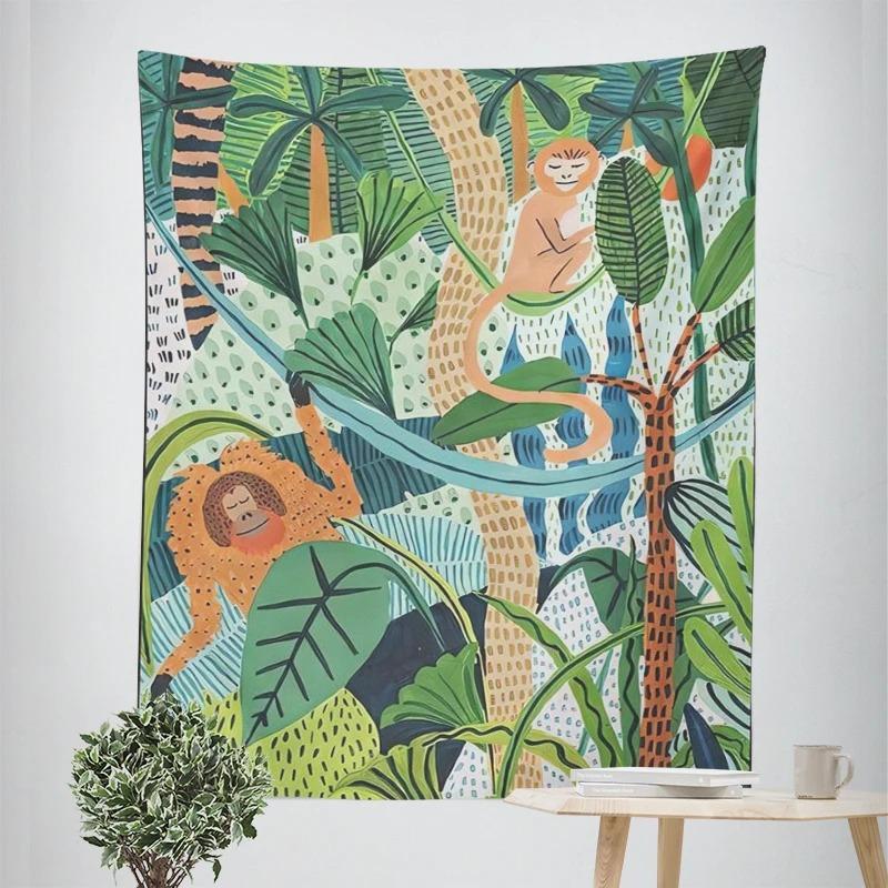 

Декоративный гобелен с тропическим лесом и животными, домашний декор, офисный гобелен для гостиной 100x75cm