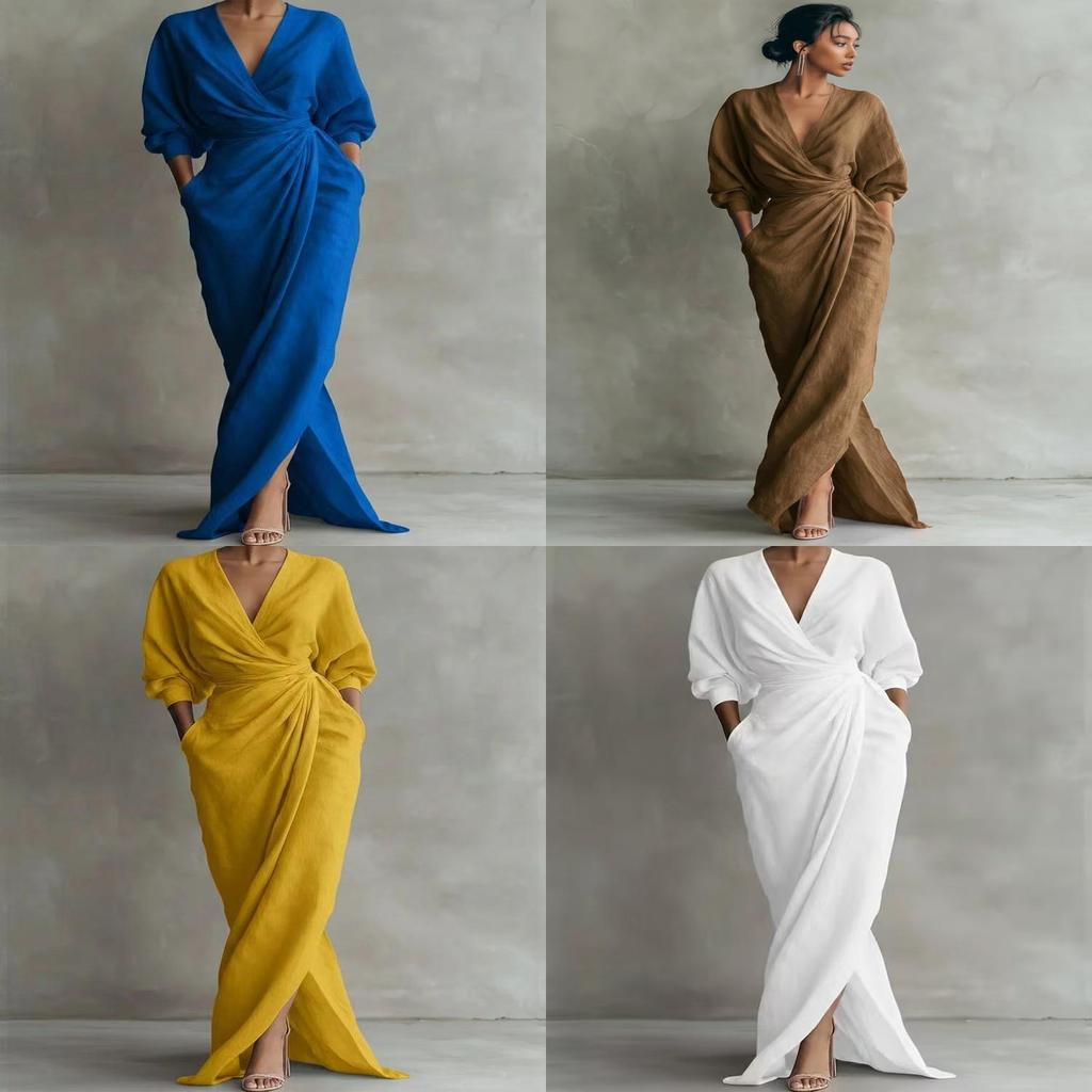 Spring Summer V Neck Waist Tshirt Dress With Slit For Vacation Travel