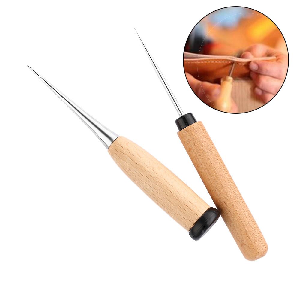 2 Styles Leather Craft Awl Tool Hole Maker Wooden Handle Sewing Stitching Punching Sewing Supplies Stainless Steel Punch Tools