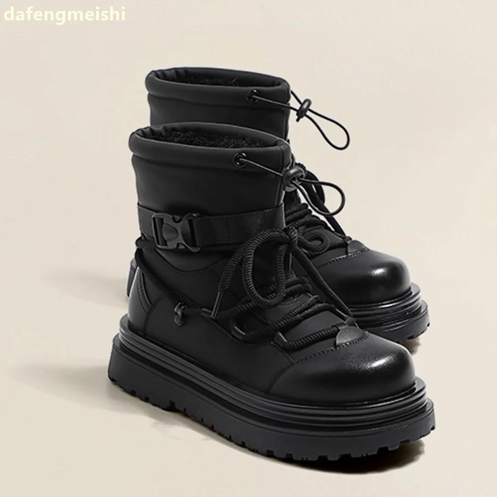 

Fashion 2025 Winter New Snow Boots Plush Warm Round Toe Thick Sole Mid-Calf Boots Black/beige Leather Elastic Band Fashion Snow Boots 40