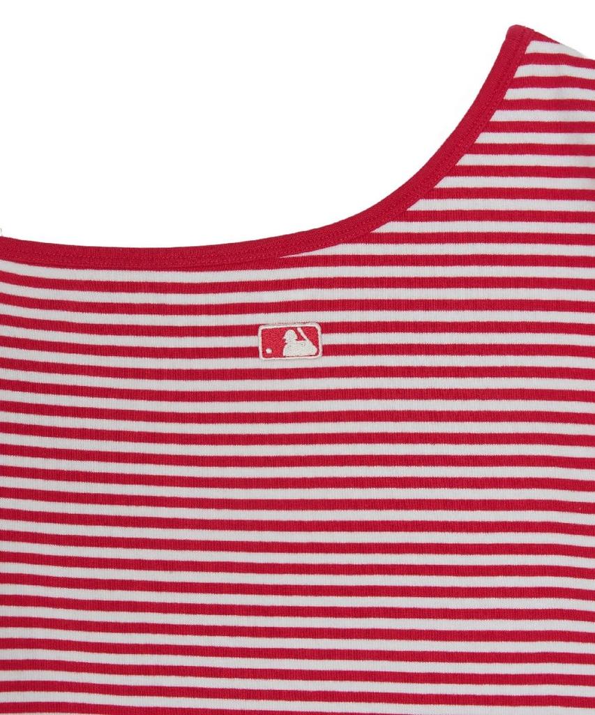 Emelbi Women'S Varsity Striped Off-Shoulder Slim Semi-Crop Short Sleeve T-Shirt Phi (Neon Red)