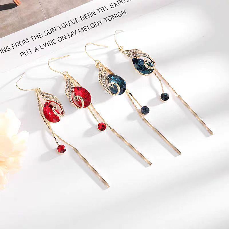 New Temperament Retro Peacock Long Fringed Earrings Blue Crystal Versatile Earrings Super Long Personalized Earrings