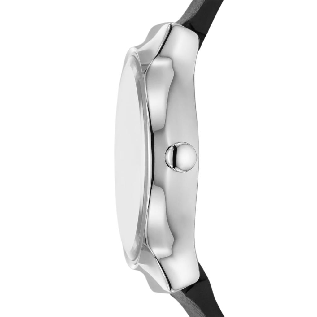 Skagen Freja Lille Damen-Armbanduhr aus silbernem Edelstahl und schwarzem Leder mit zwei Zeigern (Modell SKW3119)