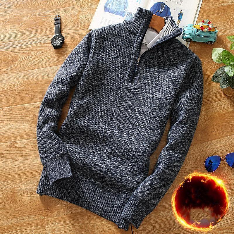 Pánský podzimní a zimní fleecový svetr na půl zipu, mladistvý slim pulovr, pletená bunda