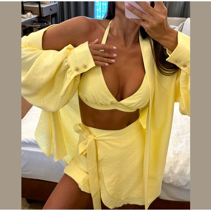 

Женский комплект из свободной рубашки с рукавами-фонариками и полуюбкой, желтый повседневный комплект, весна-лето, новый наряд, женский комплект больших размеров, повседневный стиль для поездок на работу L жёлтый