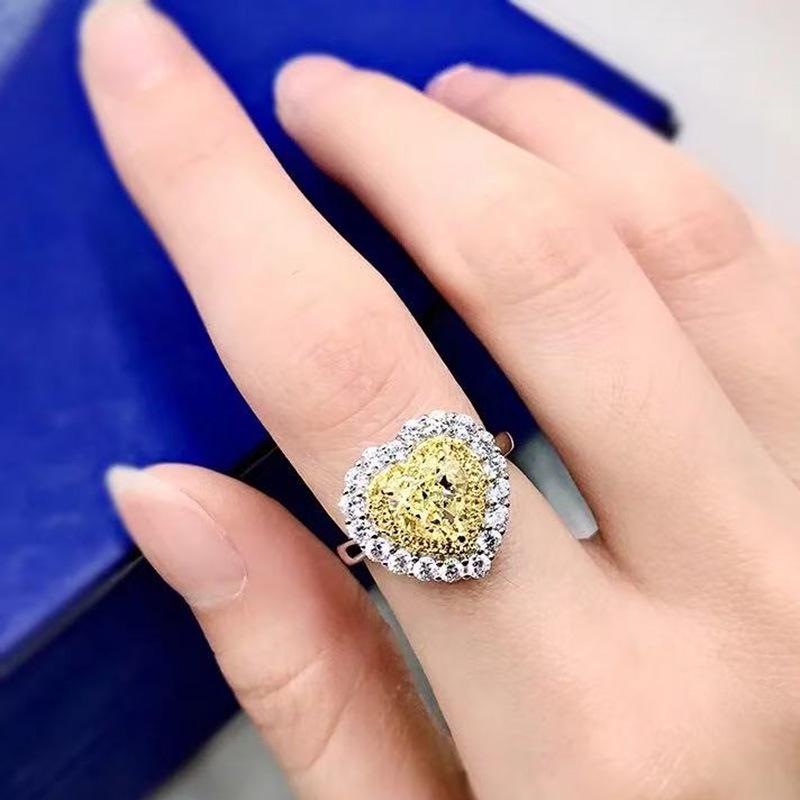 Zhuozhifan S925 Silver Heart-Shaped Yellow Simulated Diamond Ring, Pavé Band, 7x7 Yellow Gem, Women's Jewelry