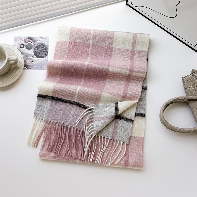 New Wool Warm Scarf for Women in Color Blocked Plaid Scarf Long Tassel Scarf Thickened and Warm