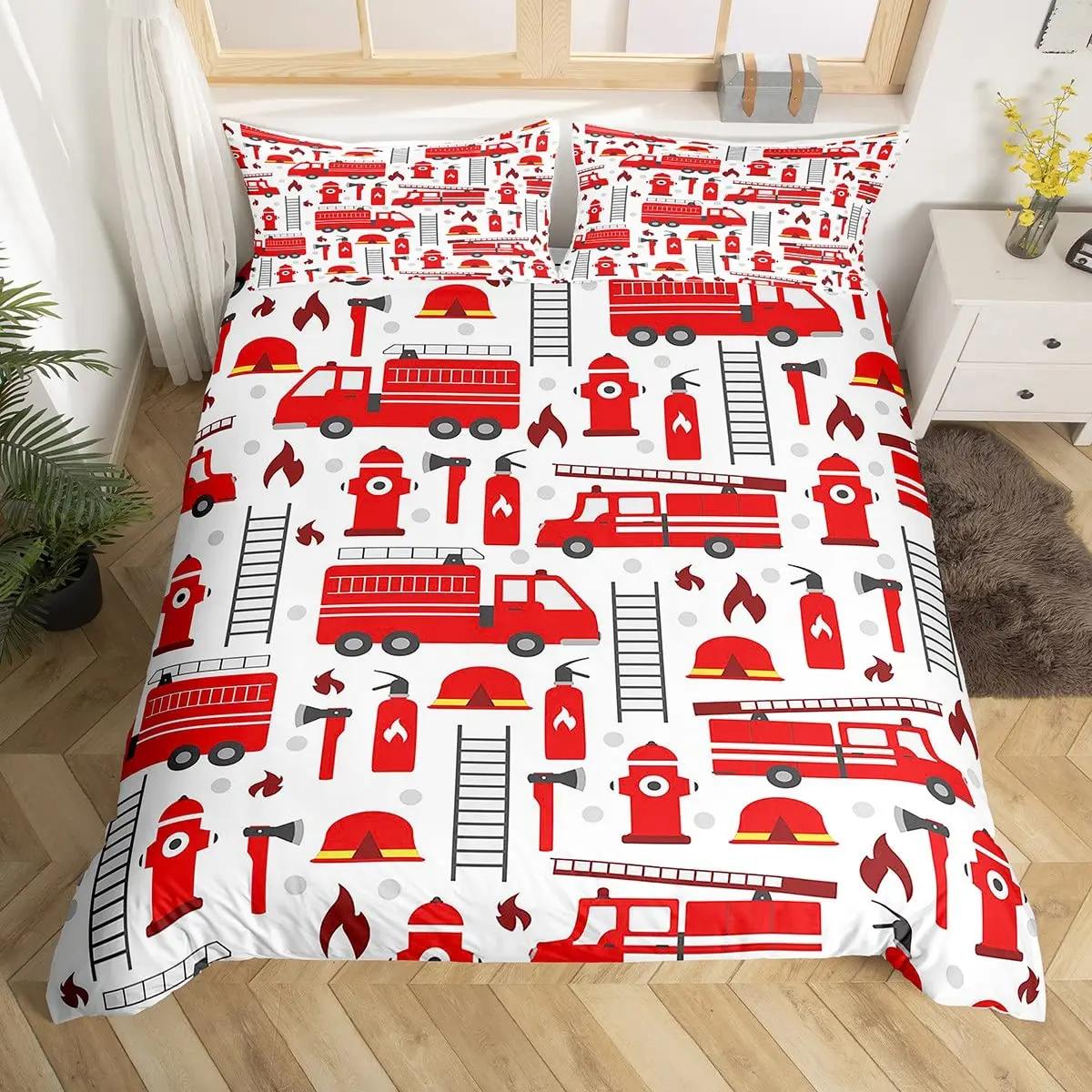 

Fire Truck Bedding SetBurning Flames Duvet Cover for Kids Fire Engine Comforter Cover Red Truck Quilt Cover with 2 Pillowcases EU Single(135x200cm)