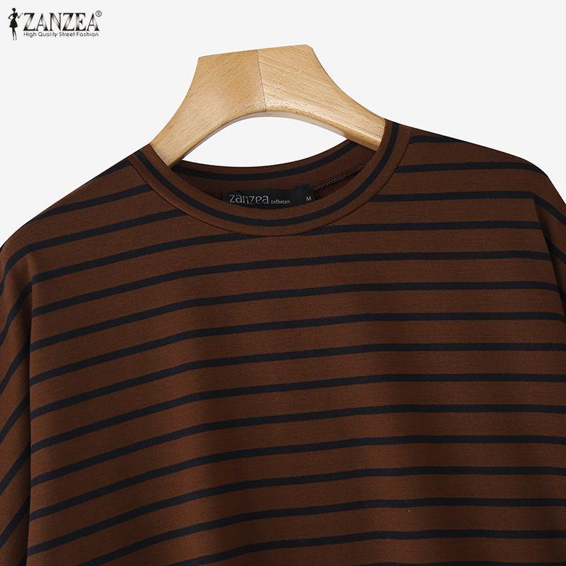 ZANZEA Women Irregular Hem Casual Round Neck Stripe Long Sleeve Blouse