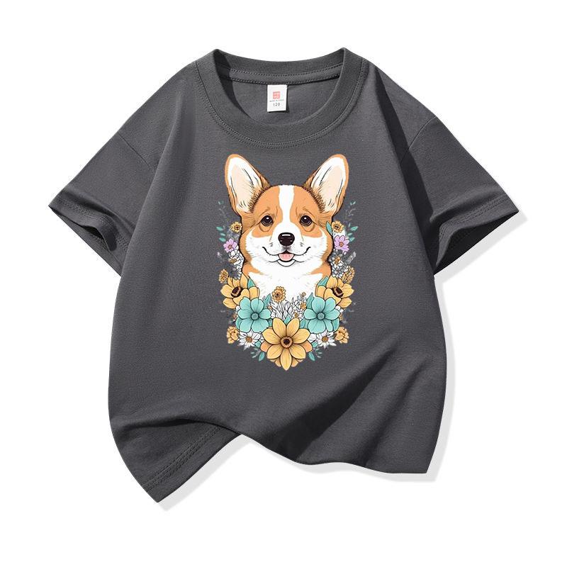 Welsh Corgi Surrounded Colorful Blooms Graphic Tee Kids 100 Cotton Crew Neck T Shirt Cute Puppy Print Short Sleeve Stylish Top