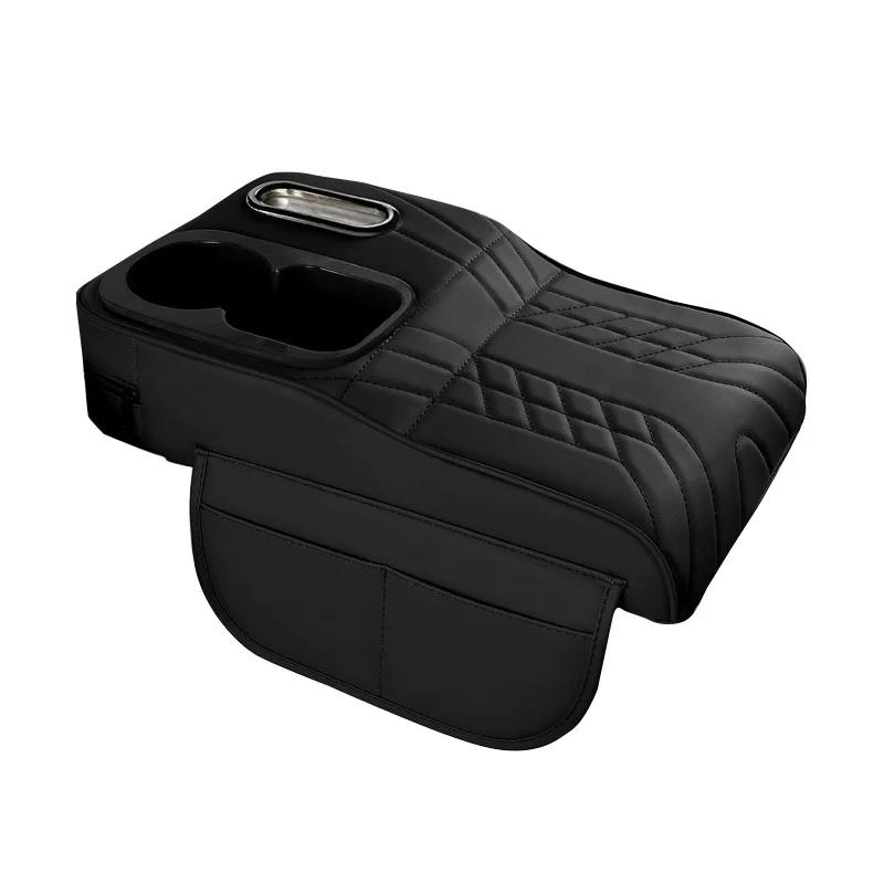 

Car Center Console Organizer Non - Slip Leather Armrest Cushion with Side Pocket Tissue Box Cup Holder Black