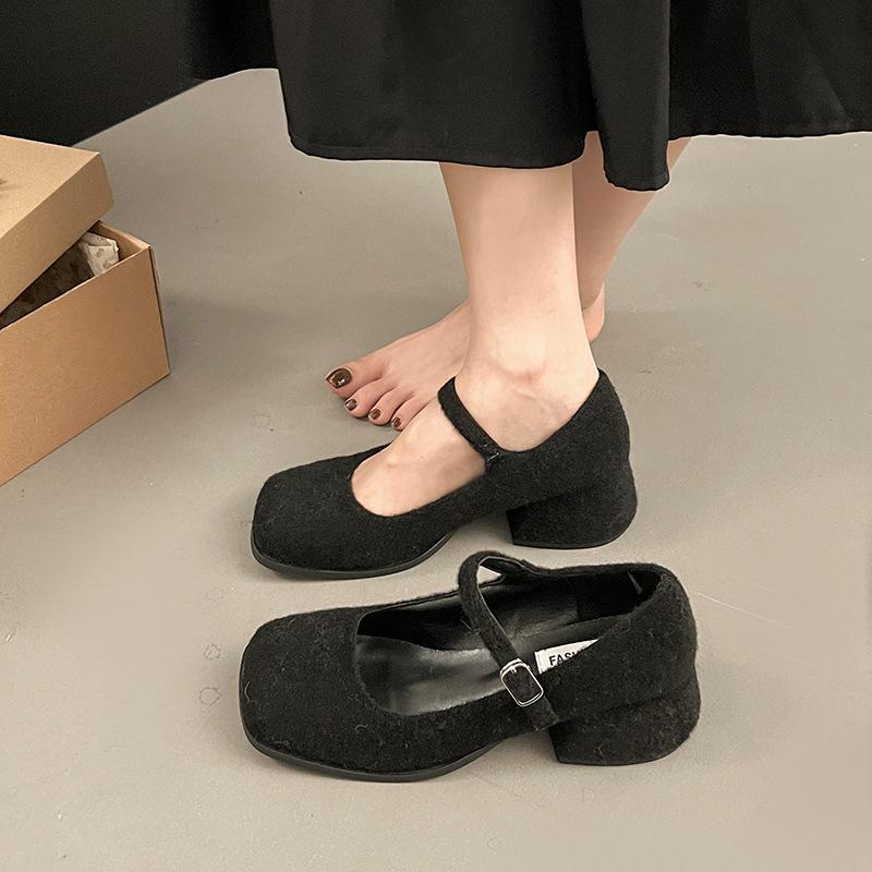 Coarse Heel Single Shoes Women's Winter 2025 Square Head Spring and Autumn Woolen Mary Jane Mao Mao Shoes Grandma Shoes High Heel French