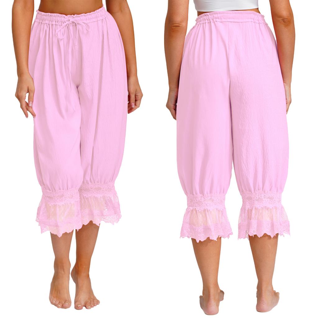 S-L Women's Lace Trim Bloomers: Versatile Midi Harem Pants with Drawstring, Loose Wear & Medieval Pirate Costume