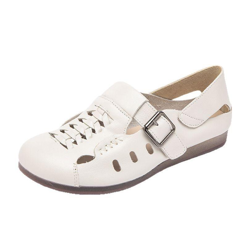Summer New Flat Heel Beef Tendon Soft Sole Mother Sandals Hollow Breathable First Layer Cowhide Retro Hole Women's Shoes