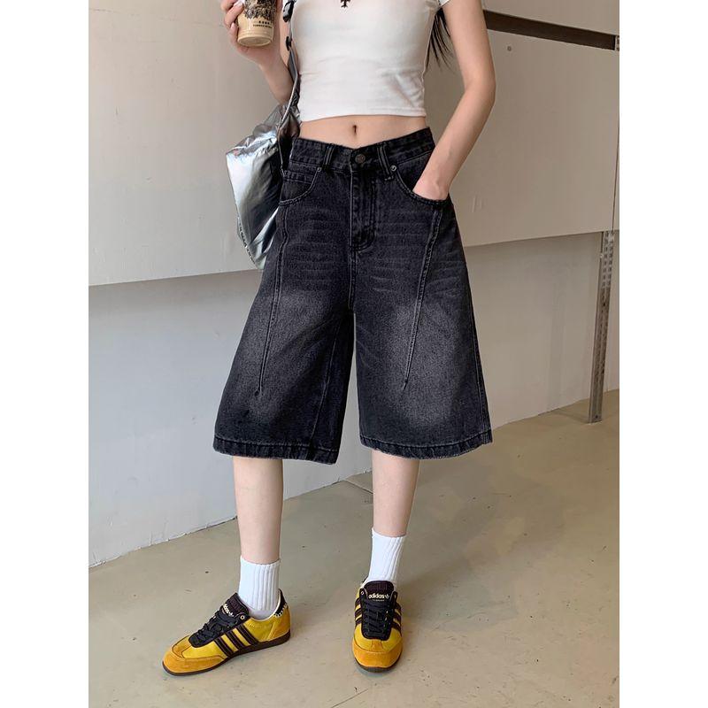 Kumikumi Distressed Retro Washed Demin shorts Women clothes Summer Idle Style High Waist Loose Wide Leg Pants Middle Pants