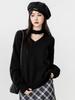 Fall Winter New Black V-Neck Knit Sweater Women Long Sleeve Base Layer Top with Neck Accessory