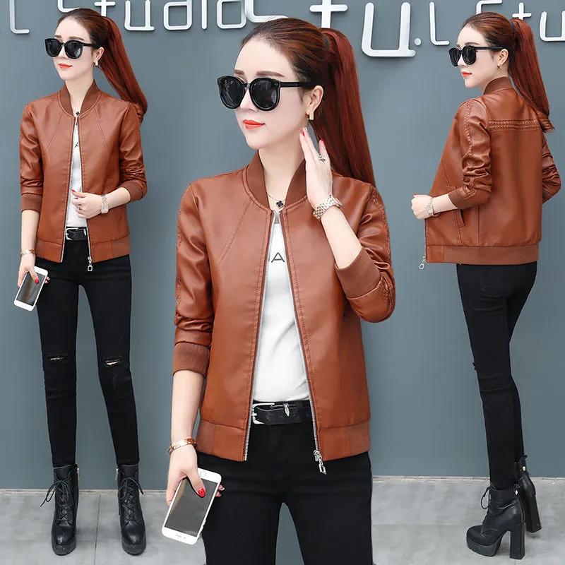 Women's Spring/Fall Loose-Fit Stand Collar Short Jacket Baseball-Style PU Leather Jacket