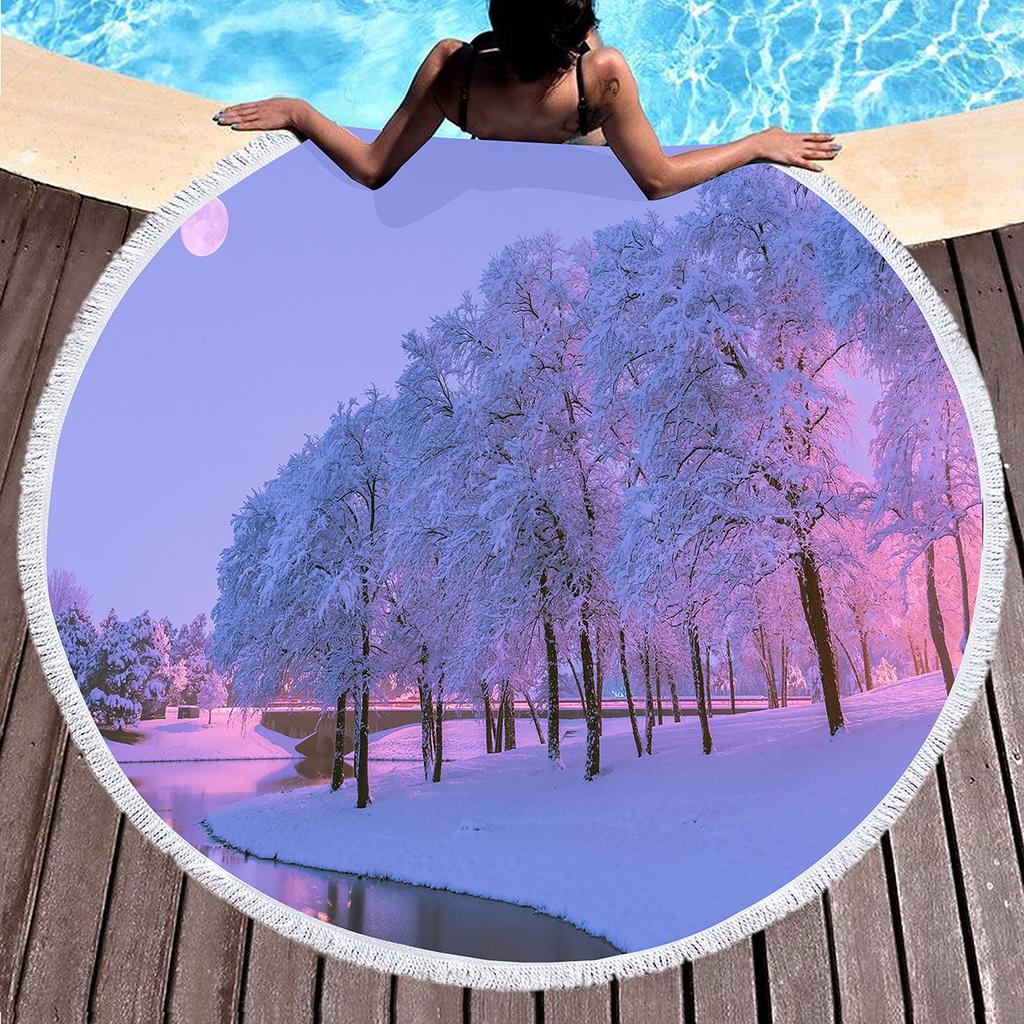 Winter Snow Landscape Round Beach Towel, Microfiber Soft Shawl Beach Blanket, Absorbent Quick Dry Portable Pool Towel Picnic Mat